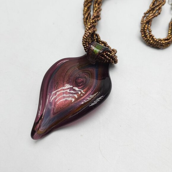 Handcrafted Murano Glass Pendant Necklace With Multicolor Swirl Brown Cord - Picture 5 of 7